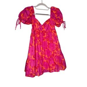 Olivaceous pink and orange tropical floral babydoll mini dress
